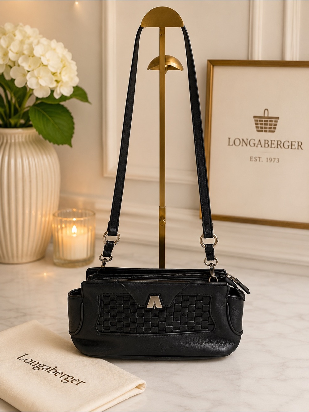 Vintage Longaberger So Rachel Black Leather Woven Panel Handbag Purse EUC